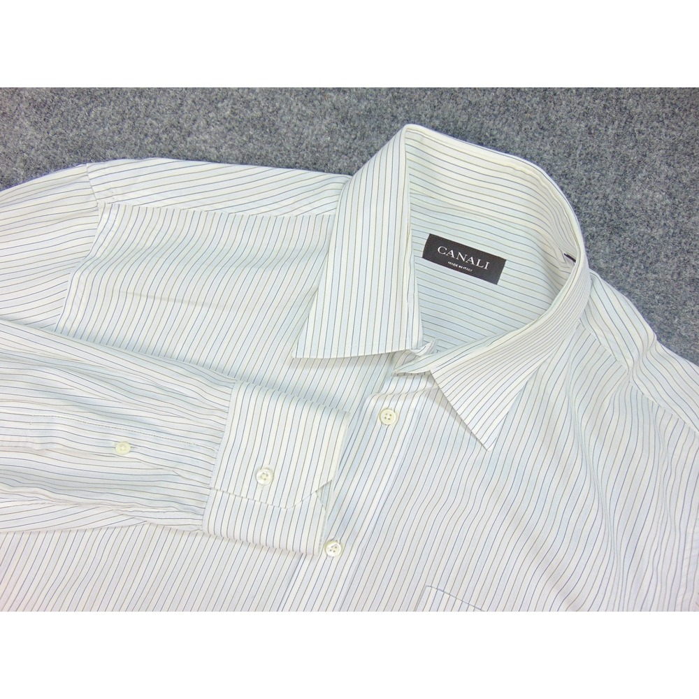 Canali Dress Shirt Mens 16.5x42 White Blue Striped Long Sleeve Made in Italy